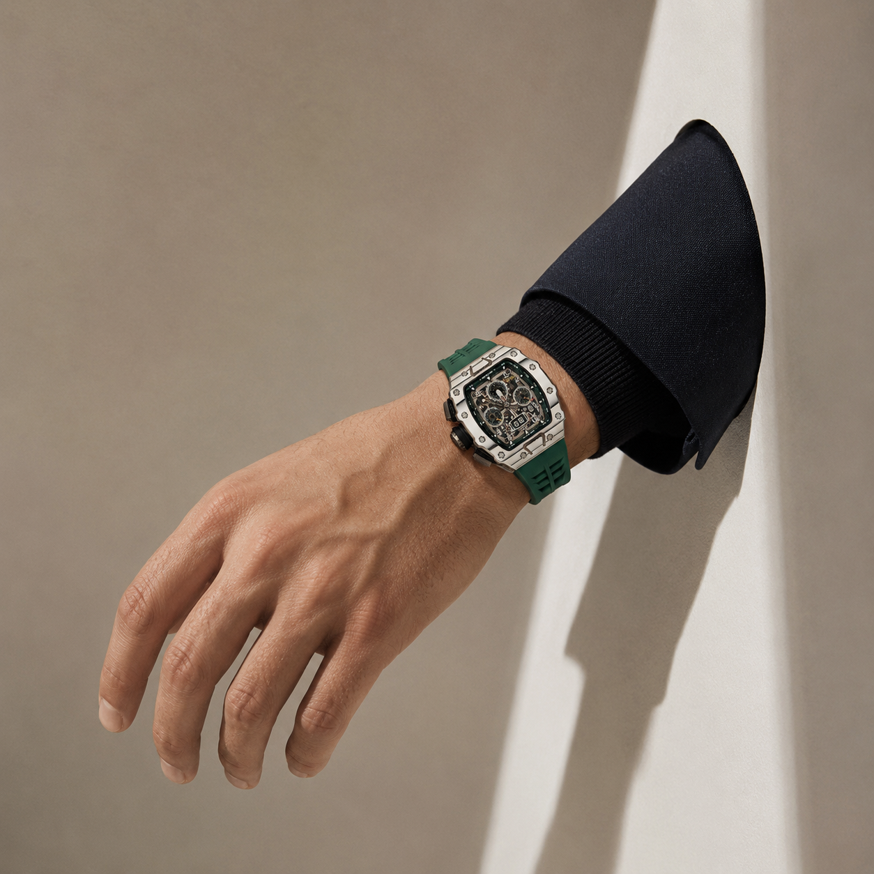 Richard Mille green strap wrist shot